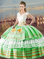  Apple Green V-neck Neckline Embroidery and Ruffled Layers Quince Ball Gowns Sleeveless Lace Up