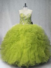 Affordable Sleeveless Floor Length Beading and Ruffles Lace Up Quince Ball Gowns with Olive Green