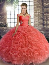 Modest Watermelon Red Lace Up Off The Shoulder Beading Quinceanera Gowns Fabric With Rolling Flowers Sleeveless