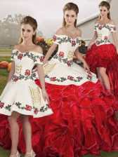 Artistic White And Red Lace Up Off The Shoulder Embroidery and Ruffles Quinceanera Gown Organza Sleeveless