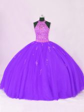 Attractive Sleeveless Organza Floor Length Lace Up Sweet 16 Quinceanera Dress in Purple with Beading and Appliques