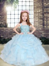  Light Blue Sleeveless Floor Length Beading and Ruffles Lace Up Child Pageant Dress