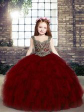  Straps Sleeveless Little Girls Pageant Gowns Floor Length Beading and Ruffles Red Tulle