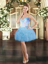 Edgy Sleeveless Organza Mini Length Lace Up Prom Gown in Aqua Blue with Beading and Ruffles