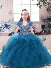  Blue Tulle Lace Up Straps Sleeveless Floor Length Kids Formal Wear Beading and Ruffles