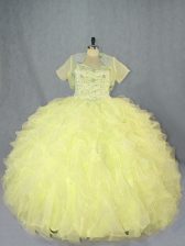 Hot Sale Yellow Sweetheart Lace Up Beading and Ruffles Quinceanera Dress Sleeveless