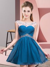 Decent Blue Sleeveless Mini Length Beading Backless Prom Dress