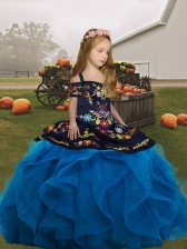 Gorgeous Ball Gowns Little Girls Pageant Dress Wholesale Blue Straps Tulle Sleeveless Floor Length Lace Up