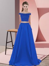  Sweep Train Two Pieces Homecoming Dress Royal Blue Off The Shoulder Elastic Woven Satin Sleeveless Backless