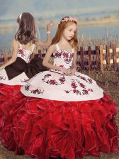 Perfect Ball Gowns Pageant Gowns For Girls Red Straps Organza Sleeveless Floor Length Lace Up