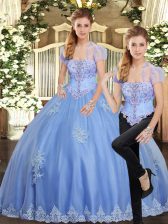 Classical Strapless Sleeveless Quinceanera Gown Floor Length Beading and Appliques Light Blue Tulle