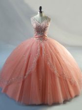 Beautiful Floor Length Peach Quince Ball Gowns V-neck Sleeveless Lace Up