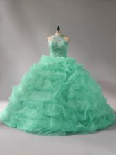  Halter Top Sleeveless Court Train Lace Up Quince Ball Gowns Apple Green Organza