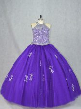 Elegant Halter Top Sleeveless Lace Up Sweet 16 Quinceanera Dress Purple Tulle