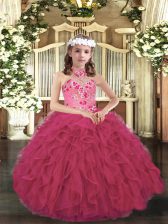 Inexpensive Organza Halter Top Sleeveless Lace Up Appliques and Ruffles Little Girls Pageant Gowns in Hot Pink