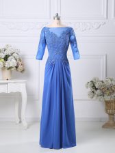 Elegant Chiffon Bateau Half Sleeves Zipper Lace Prom Dresses in Blue