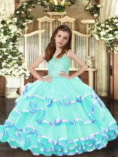 Fashionable Sleeveless Floor Length Ruffled Layers Lace Up Little Girl Pageant Dress with Aqua Blue