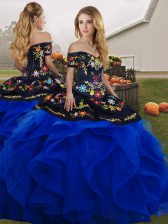 Dramatic Sleeveless Tulle Floor Length Lace Up Sweet 16 Dresses in Blue And Black with Embroidery and Ruffles