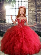  Floor Length Ball Gowns Sleeveless Red Little Girls Pageant Dress Wholesale Lace Up