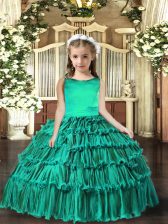 Most Popular Turquoise Sleeveless Floor Length Ruffled Layers Lace Up Evening Gowns