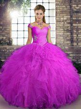Comfortable Fuchsia Vestidos de Quinceanera Military Ball and Sweet 16 and Quinceanera with Beading and Ruffles Off The Shoulder Sleeveless Lace Up
