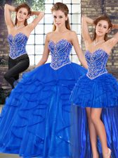  Royal Blue Three Pieces Beading and Ruffles Ball Gown Prom Dress Lace Up Tulle Sleeveless Floor Length