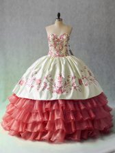 Enchanting White And Red Lace Up Sweetheart Embroidery and Ruffled Layers Quinceanera Gowns Satin and Organza Sleeveless