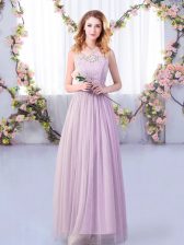 Designer Sleeveless Tulle Floor Length Side Zipper Dama Dress in Lavender with Lace and Belt