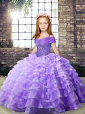 Affordable Straps Sleeveless Organza Kids Formal Wear Beading and Ruffled Layers Brush Train Lace Up