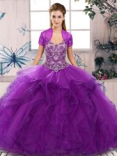  Purple Ball Gowns Beading and Ruffles 15th Birthday Dress Lace Up Tulle Sleeveless Floor Length