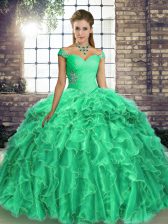  Turquoise Organza Lace Up Off The Shoulder Sleeveless Ball Gown Prom Dress Brush Train Beading and Ruffles