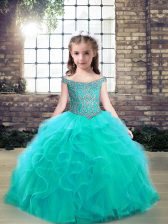  Aqua Blue Sleeveless Tulle Lace Up Kids Formal Wear for Party and Wedding Party