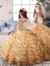 Custom Design Gold Lace Up Child Pageant Dress Beading and Ruffled Layers Sleeveless Court Train