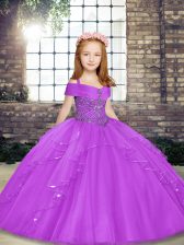  Lilac Sleeveless Floor Length Beading Lace Up High School Pageant Dress