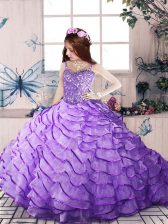 Most Popular Lavender Ball Gowns Straps Sleeveless Organza Brush Train Lace Up Beading and Ruffled Layers Custom Made Pageant Dress