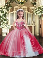 Nice Red Ball Gowns Beading Little Girls Pageant Dress Lace Up Tulle Sleeveless Floor Length