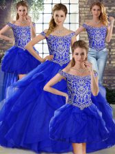  Royal Blue Lace Up Ball Gown Prom Dress Beading and Ruffles Sleeveless Brush Train