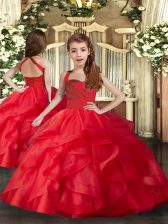 Fantastic Red Ball Gowns Ruffles and Ruching Kids Pageant Dress Lace Up Tulle Sleeveless Floor Length