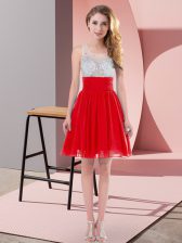  Red Side Zipper Quinceanera Court of Honor Dress Beading Sleeveless Mini Length