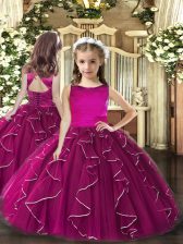  Fuchsia Ball Gowns Tulle Scoop Sleeveless Ruffles Floor Length Lace Up Pageant Dresses
