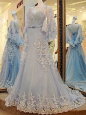  Light Blue Long Sleeves Tulle Court Train Lace Up Prom Gown for Prom and Party and Military Ball