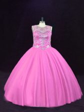 On Sale Pink Ball Gowns Tulle Scoop Sleeveless Beading Floor Length Lace Up Sweet 16 Dress