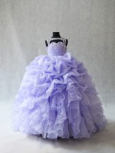  Lavender Ball Gowns Organza Scoop Sleeveless Beading and Ruffles and Pick Ups Lace Up Kids Formal Wear Brush Train
