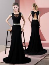 Fantastic Black Dress for Prom Square Short Sleeves Sweep Train Backless