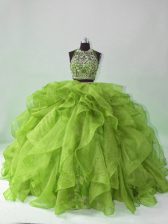 New Arrival Scoop Sleeveless Quinceanera Gowns Brush Train Beading and Ruffles Green Organza