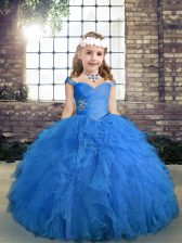  Floor Length Blue Little Girls Pageant Dress Straps Sleeveless Lace Up