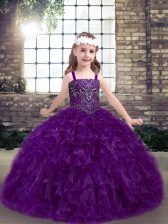 Amazing Eggplant Purple Lace Up Little Girls Pageant Gowns Beading and Ruffles Sleeveless Floor Length