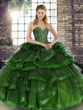 Low Price Green Tulle Lace Up Sweetheart Sleeveless Floor Length Quince Ball Gowns Beading and Ruffles