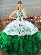 Stylish Green Sleeveless Embroidery and Ruffles Floor Length Quinceanera Gowns