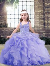 Trendy Sleeveless Organza Floor Length Lace Up Little Girls Pageant Dress in Lavender with Beading and Ruffles